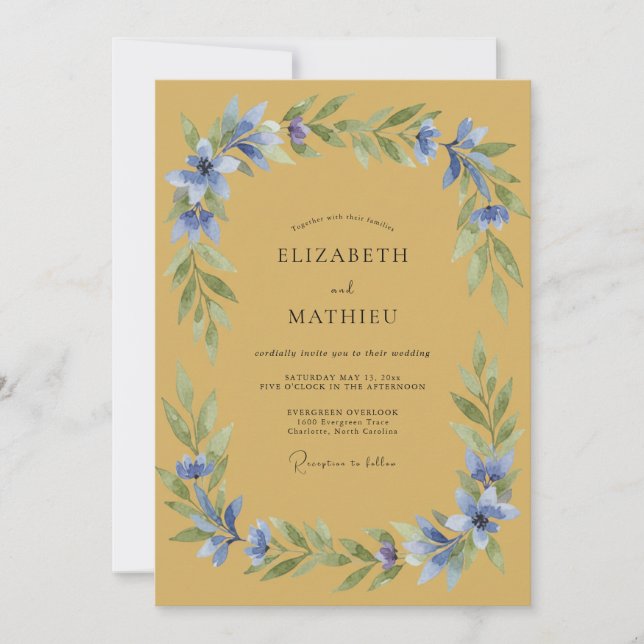 Ockerblaue florale Hochzeit Einladung (Vorderseite)