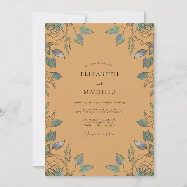 Ockerblaue Hochzeit mit Blatt-Motiv Einladung (Vorderseite)