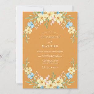 Ockerfarbene botanische Hochzeit mit Blumen Einladung
