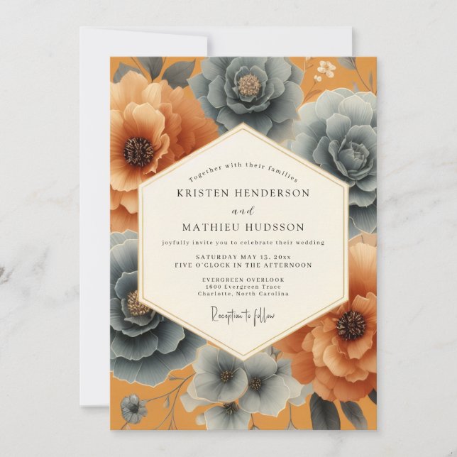 Ockerfarbene florale Eleganz Hochzeit Einladung (Vorderseite)