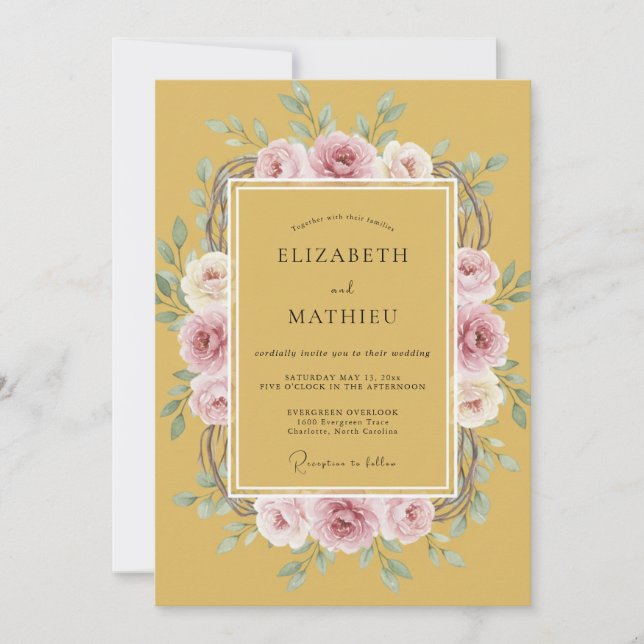 Ockerfarbene Florale Röte Romantik-Hochzeit Einladung (Vorderseite)