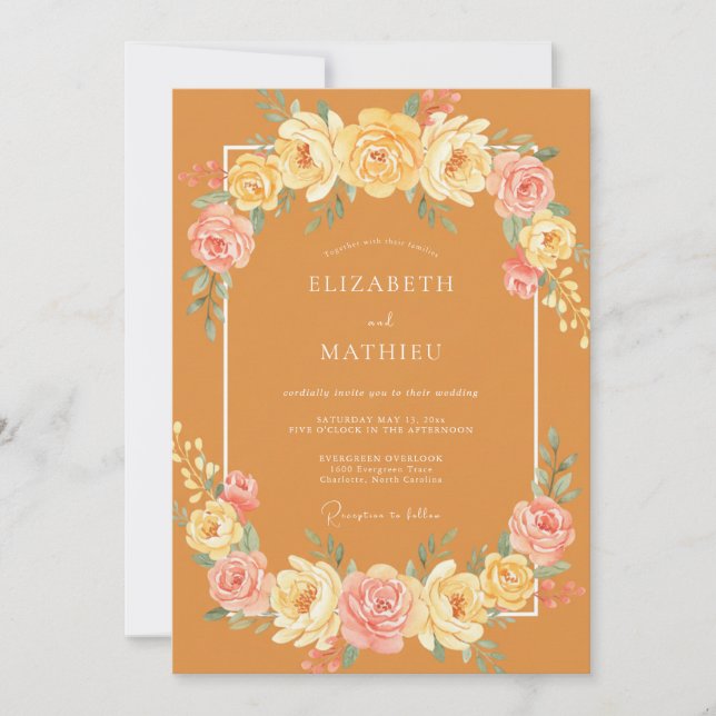 Ockerfarbene Rosenhochzeit Einladung (Vorderseite)
