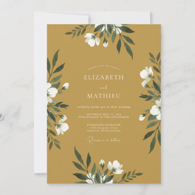 Ockerweiße Blatt-Hochzeit Einladung (Vorderseite)