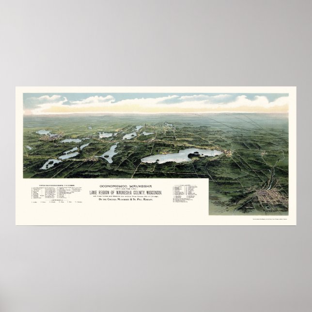 Oconomowoc und Waukesha, WI Panorama Karte - 1890 Poster (Vorne)