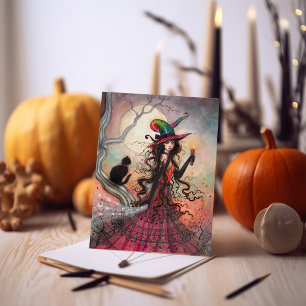 October Flame Halloween Hexe schwarze Katze Kunst Karte