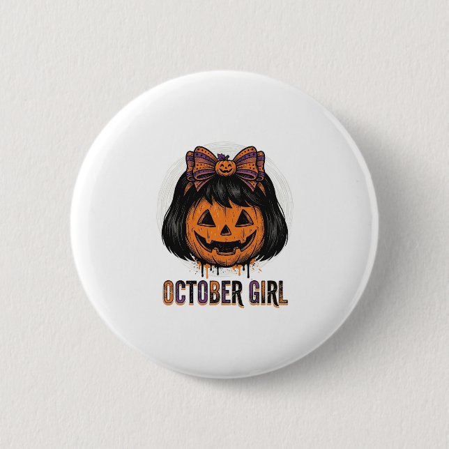 October Mädchen Kürbis Bogen Halloween Vektor Desi Button (Vorderseite)