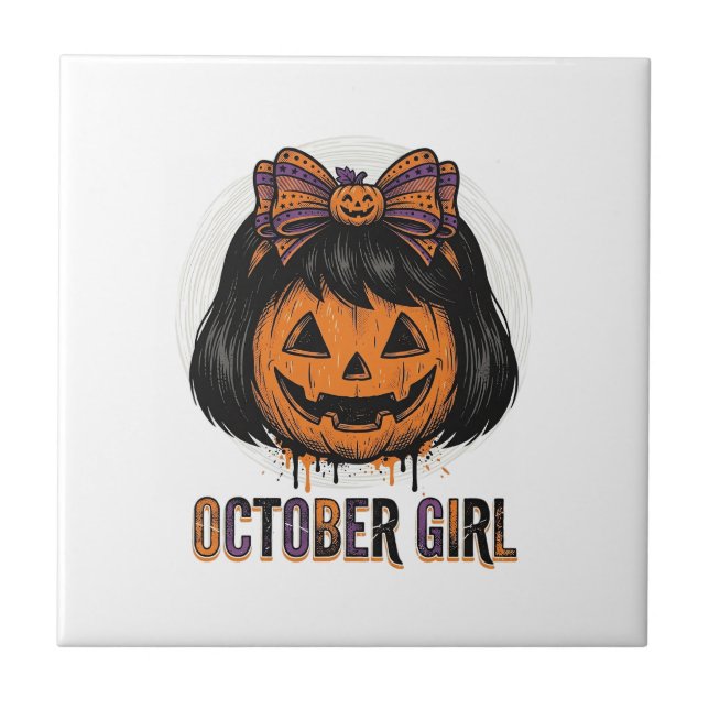 October Mädchen Kürbis Bogen Halloween Vektor Desi Fliese (Vorderseite)