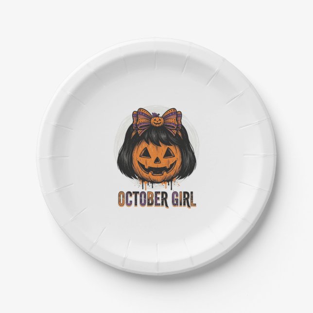 October Mädchen Kürbis Bogen Halloween Vektor Desi Pappteller (Vorderseite)