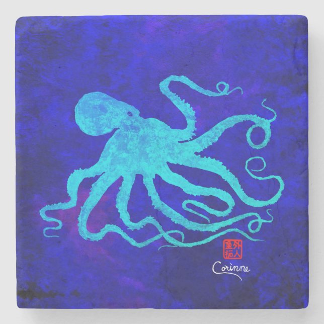Octopus 6 auf blauem Marmor - Untersetzer (Vorderseite)