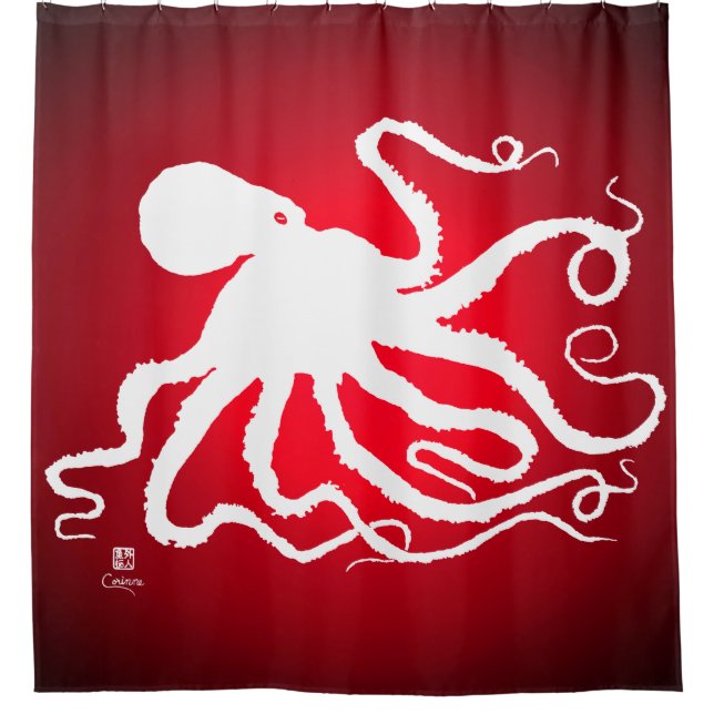 Octopus 6 auf Rot - Duschvorhang (Vorderseite)