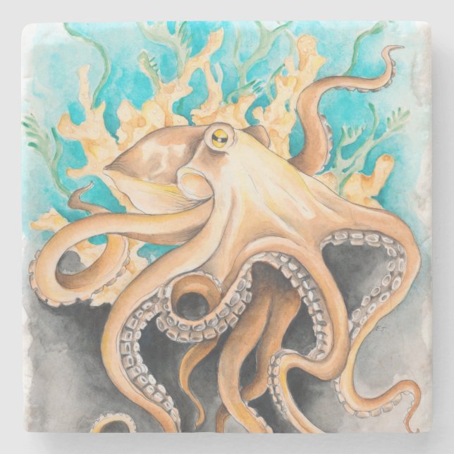 Octopus Alge Aquamarine Wasserfarbe Kunst, Dichtun Steinuntersetzer (Vorderseite)