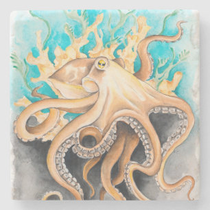 Octopus Algen Aquamarin Wasserfarben Kunst, Dichtu Steinuntersetzer