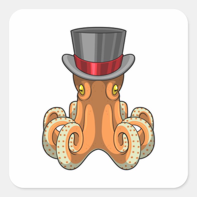 Octopus als Gentleman mit Top-Hut Quadratischer Aufkleber (Vorderseite)