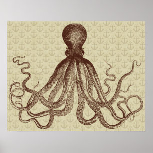 Octopus Anchors Lord Bodner Vintag Brown Nautic Poster