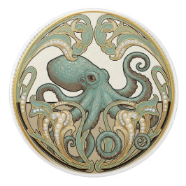 Octopus Aqua Green Cream & Gold Art Deco Nouveau Keramikknauf