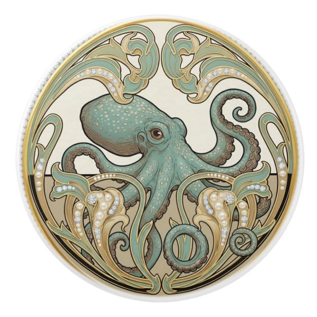 Octopus Aqua Green Cream & Gold Art Deco Nouveau Keramikknauf (Vorderseite)