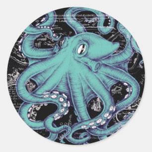 Octopus Aquamarine Vintage Karte Runder Aufkleber