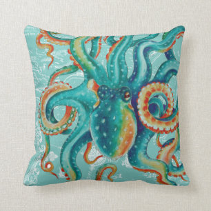 Octopus Aquamarine Vintage Karte Wasserfarbe Kissen
