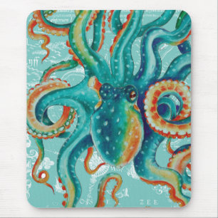 Octopus Aquamarine Vintage Karte Wasserfarbe Mousepad