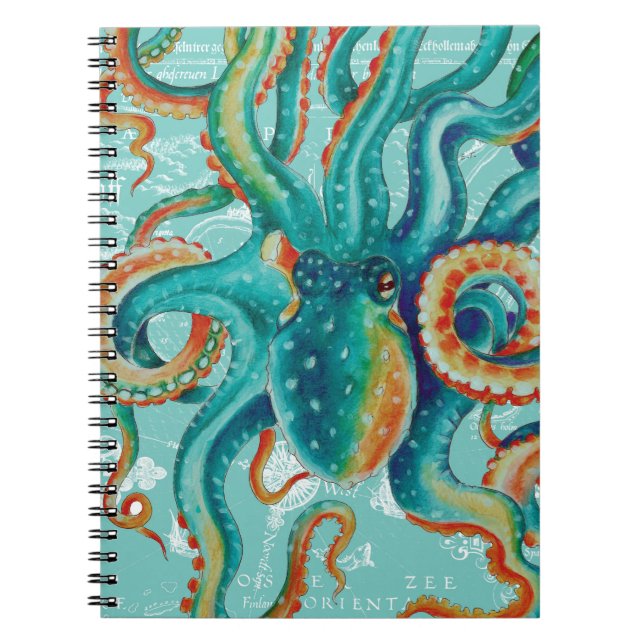 Octopus Aquamarine Vintage Karte Wasserfarbe Notizblock (Vorderseite)