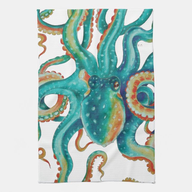 Octopus Aquamarine Wasserfarben Art Geschirrtuch (Vertikal)