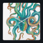 Octopus Aquamarine Wasserfarben Art Quadratische Wanduhr<br><div class="desc">Oktopuskunst</div>