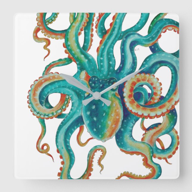 Octopus Aquamarine Wasserfarben Art Quadratische Wanduhr (Vorderseite)