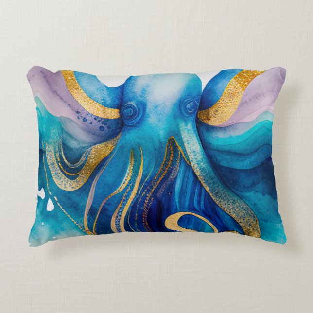 Octopus Aquarell aquamarines Goldkissencover Dekokissen (Vorderseite)