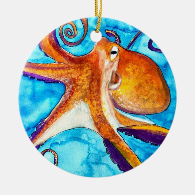 Octopus Aquarell unter Meereskunst Keramik Ornament (Vorne)