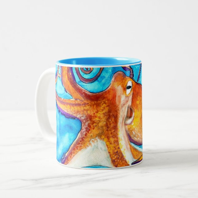 Octopus Aquarell unter Meereskunst Zweifarbige Tasse (Vorderseite Links)
