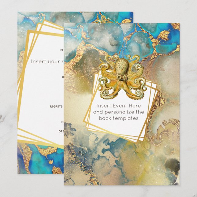 Octopus Aquarellgold Blau-Braune Nautik Einladung (Vorne/Hinten)