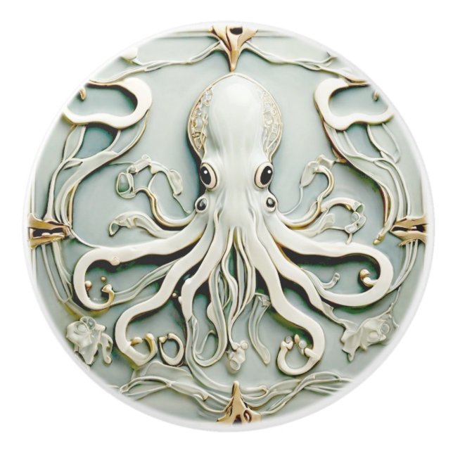 Octopus Art Nouveau Imitats Relief Antique Mini Keramikknauf (Vorderseite)