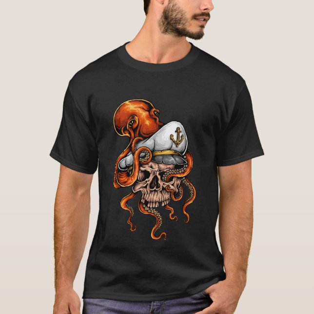 Octopus Attack Captains Skull Nautic T-Shirt (Vorderseite)
