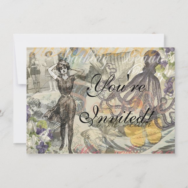 Octopus Beach Antique Coastal Steampunk Einladung (Vorderseite)