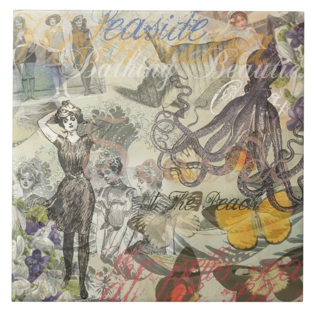 Octopus Beach Antique Coastal Steampunk Fliese (Vorderseite)