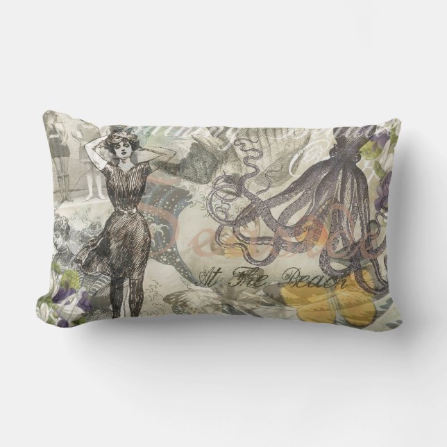 Octopus Beach Antique Coastal Steampunk Lendenkissen (Vorderseite)