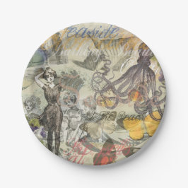 Octopus Beach Antique Coastal Steampunk Pappteller