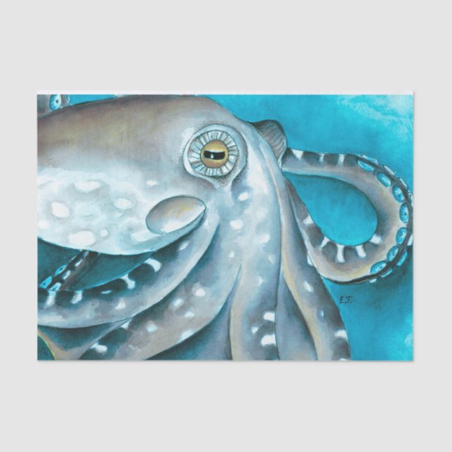 Octopus Blau Aquarellfarbendetails Seidenpapier (Vorderseite)
