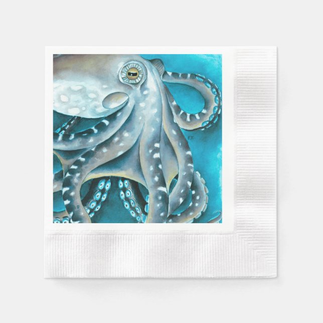 Octopus Blau Aquarellfarbendetails Serviette (Vorderseite)