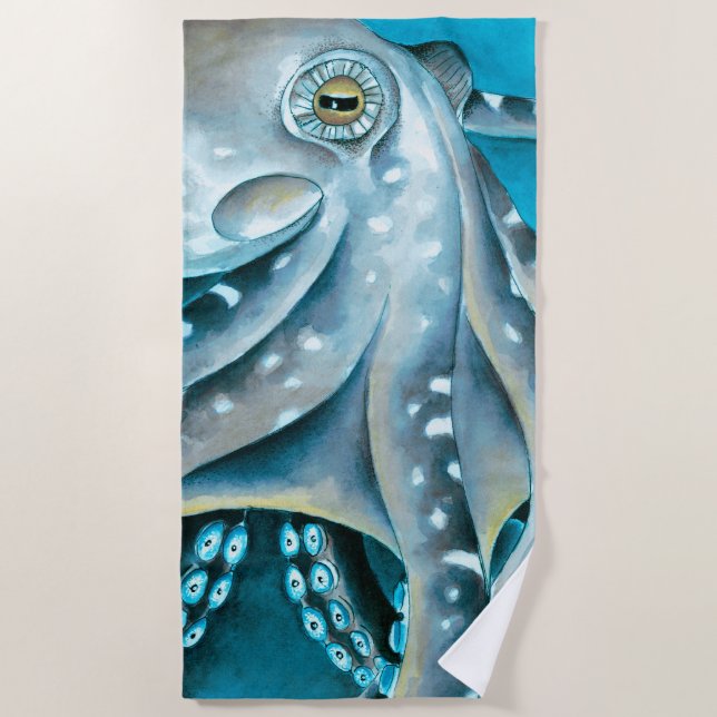 Octopus Blau Aquarellfarbendetails Strandtuch (Vorderseite)