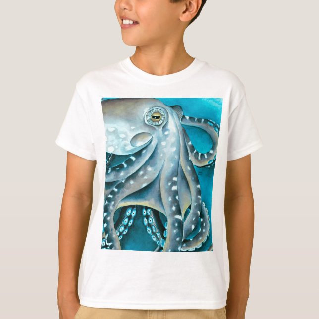 Octopus Blau Aquarellfarbendetails T-Shirt (Vorderseite)
