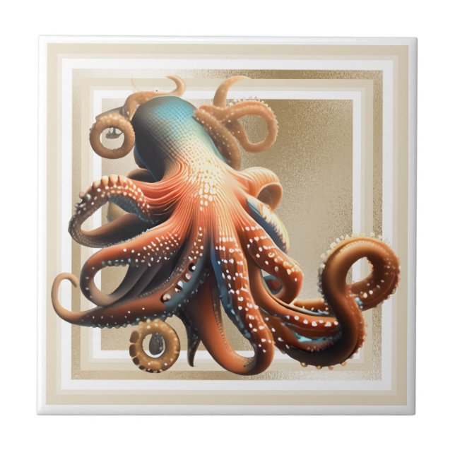Octopus blue orange 3D nautischer Goldstrand chic Fliese (Vorderseite)