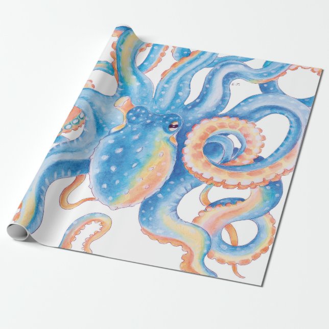 Octopus Blue Watercolor Art Geschenkpapier (Ungerollt)