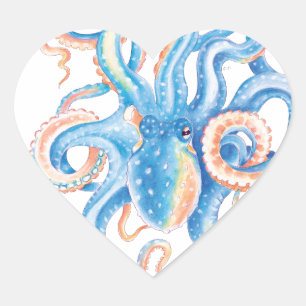Octopus Blue Watercolor Art Herz-Aufkleber