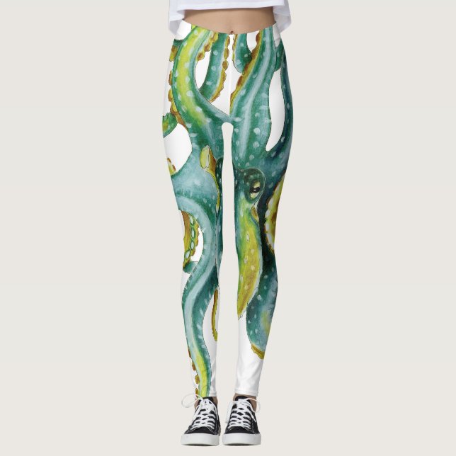 Octopus Blue Watercolor Art Leggings (Vorderseite)