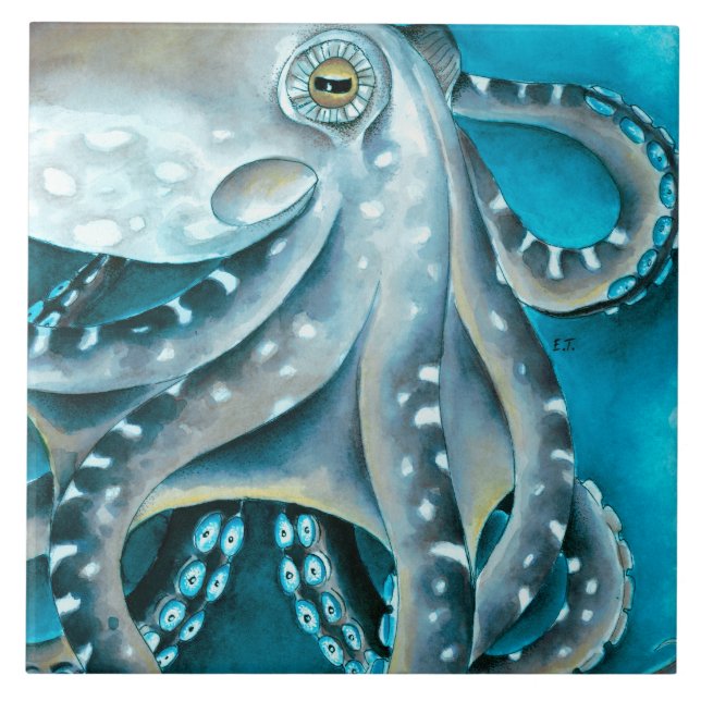 Octopus Blue Watercolor Detail Fliese (Vorderseite)