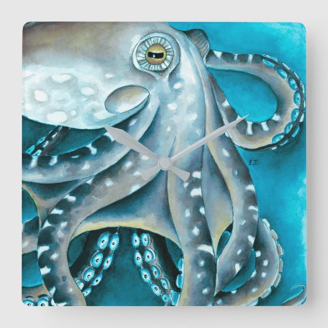 Octopus Blue Watercolor Detail Quadratische Wanduhr (Vorderseite)