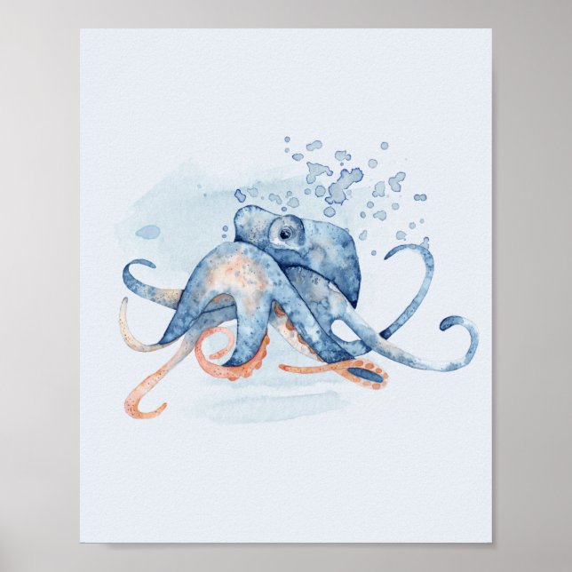 Octopus Blue Watercolor Ozeane Themenmeer Poster (Vorne)
