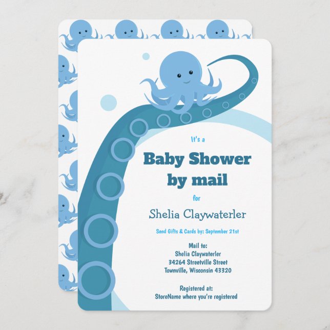 Octopus Blue White Baby Dusche von Mail Einladung (Vorne/Hinten)