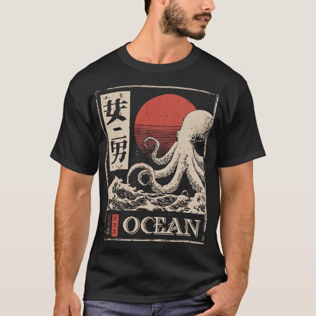 Octopus Deep Ocean Japanische Art der roten Sonne T-Shirt (Vorderseite)